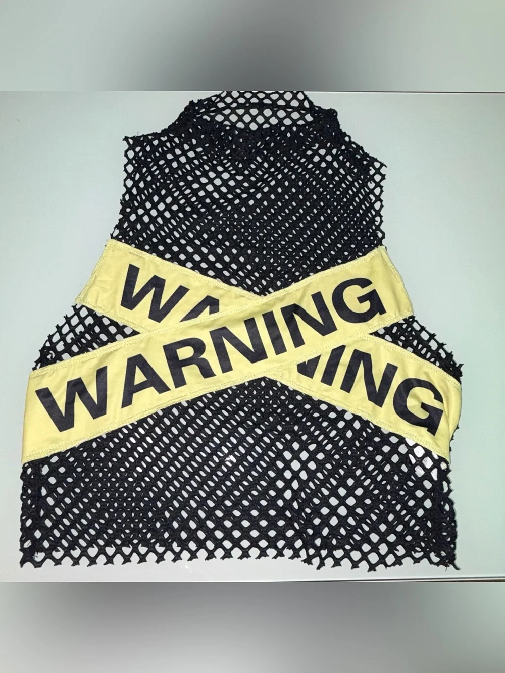 Black Fishnet Crop Top with Yellow Warning Band - Picture 4 of 5
